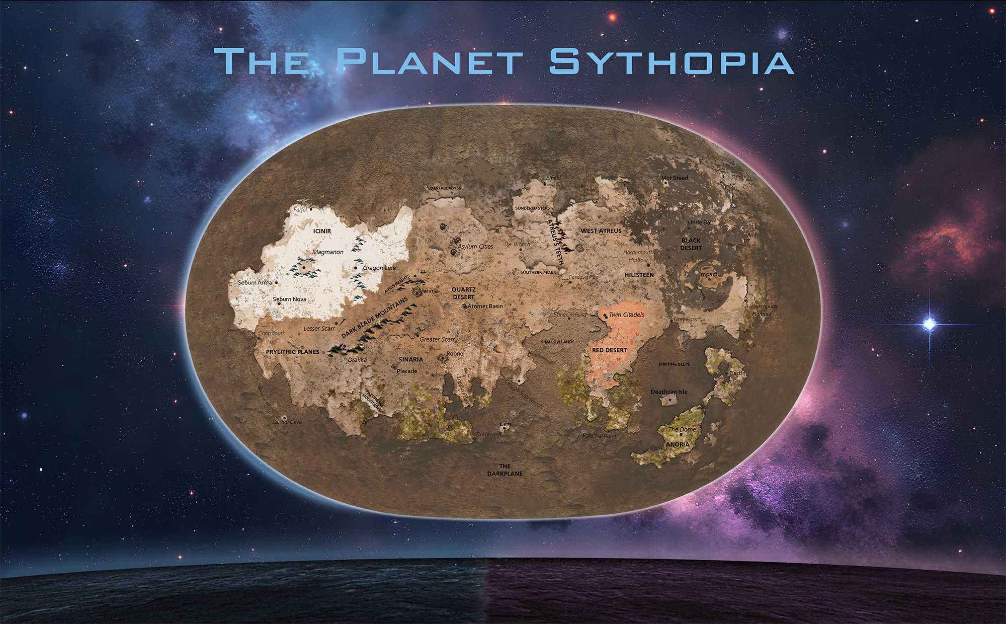 Illustrated map of the planet Sythopia